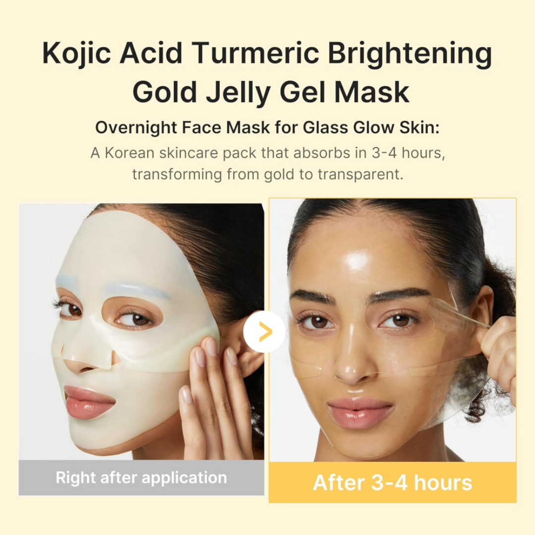 Kojic Acid Turmeric Brightening Gold Jelly Gel Mask advertisement showing before and after effects on skin.
