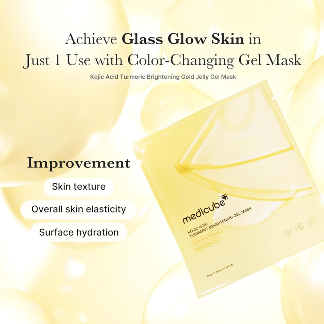 Color-changing gel mask packaging with text highlighting benefits on a yellow background