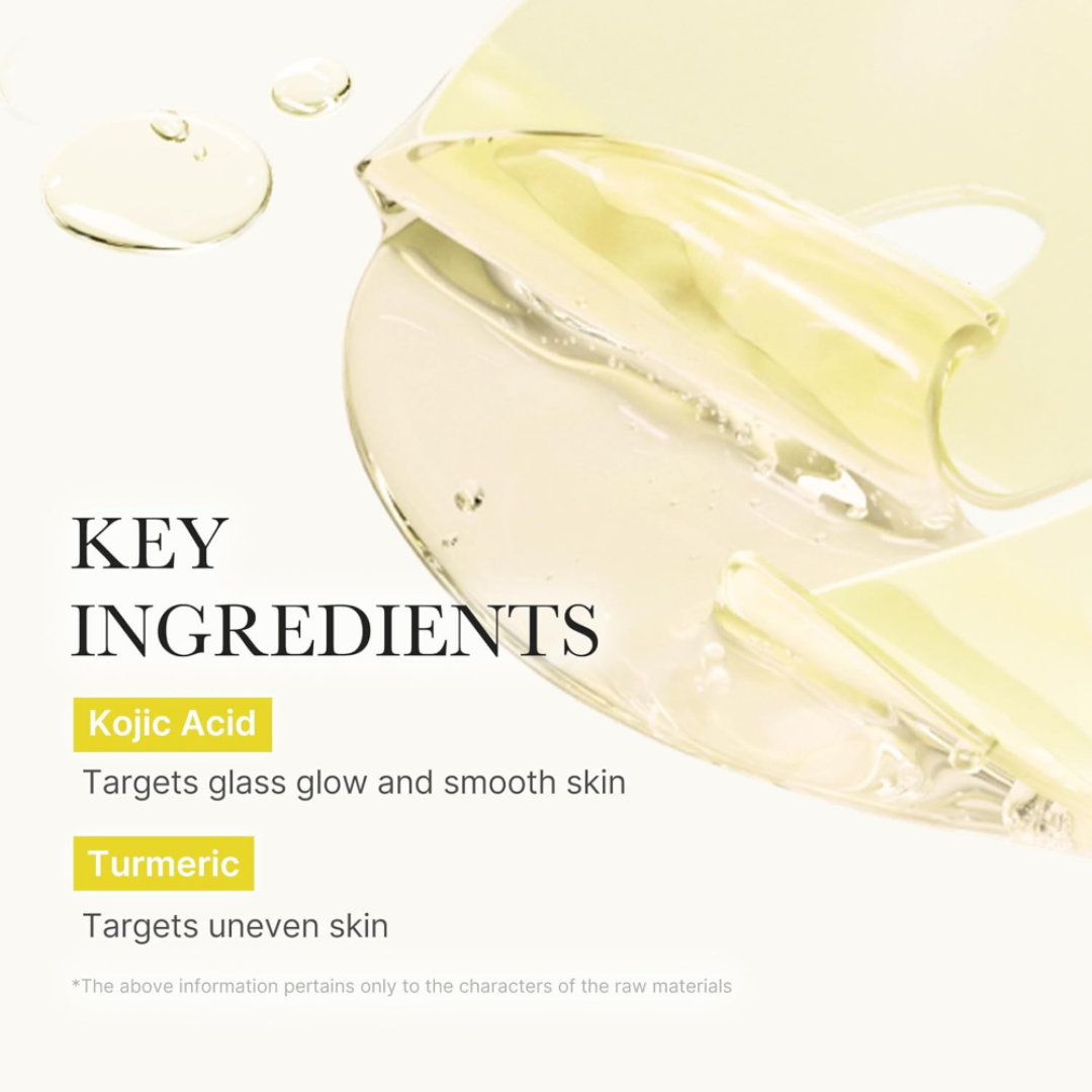 Skincare product with key ingredients Kojic Acid and Turmeric on a white background