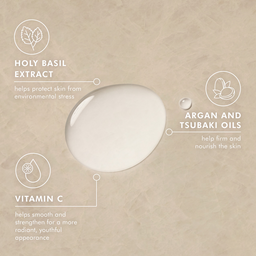 Cosmetic product with text detailing Holy Basil Extract, Argan and Tsubaki Oils, and Vitamin C benefits on a beige background.