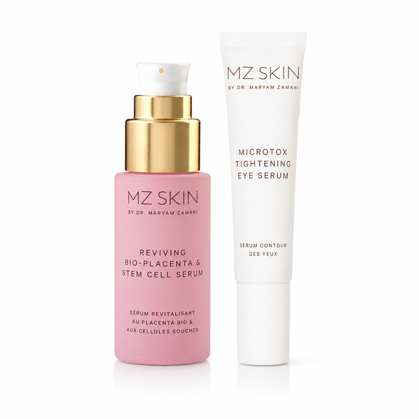 Two MZ SKIN by Dr. Maryam Zamani eye care products on a white background: a pink bottle with a gold pump labeled 'Reviving Bio-Placenta & Stem Cell Serum' and a white tube labeled 'Microtox Tightening Eye Serum'.