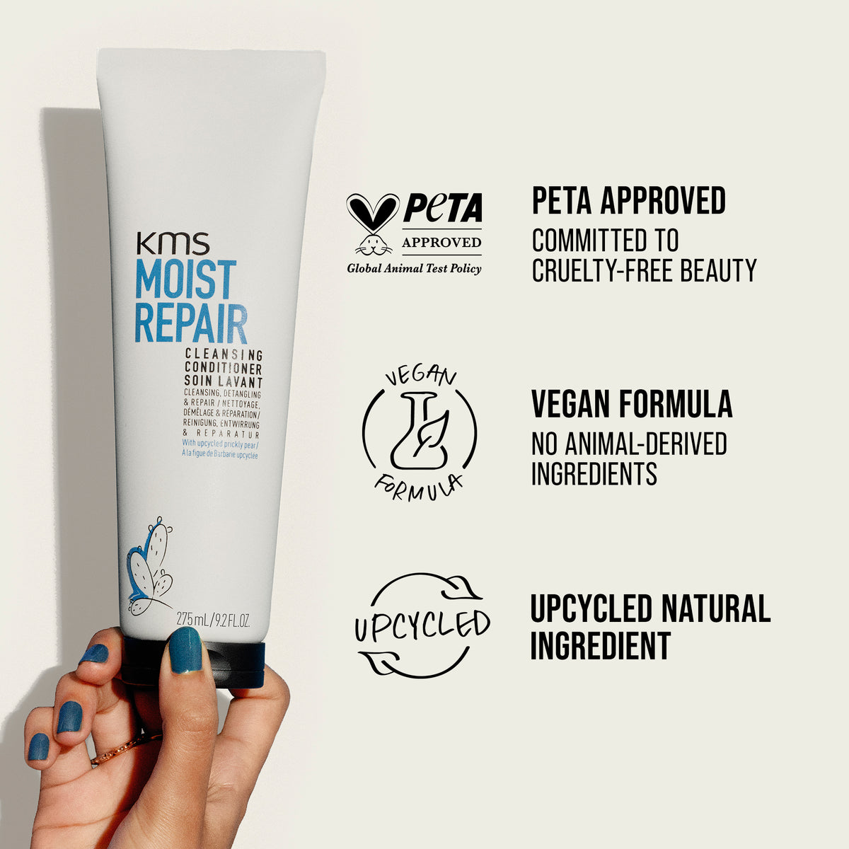 KMS Moist Repair Cleansing Conditioner with PETA, Vegan Formula, and Upcycled Natural Ingredient labels on a light background.