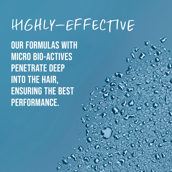 Text about highly-effective hair formulas with micro bio-actives on a blue background with water droplets.