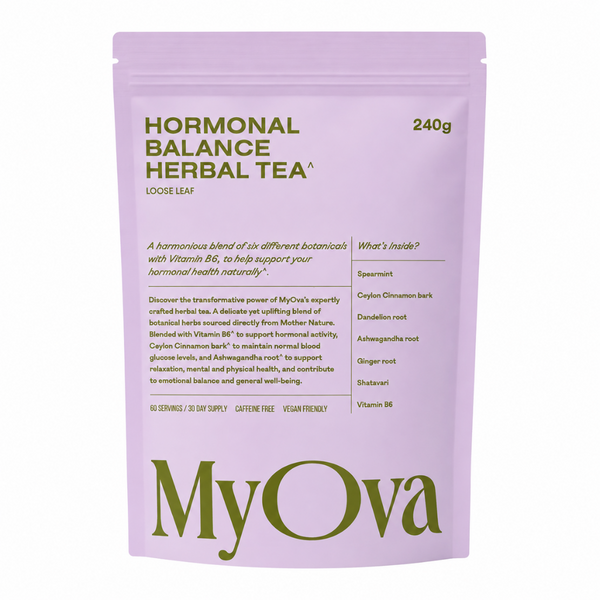 A light lavender stand-up pouch of MyOva Hormonal Balance Herbal Tea, featuring dark olive green text and branding on a clean white background.