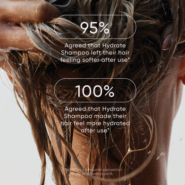 Close-up of wet hair with text overlay showing shampoo user satisfaction rates.