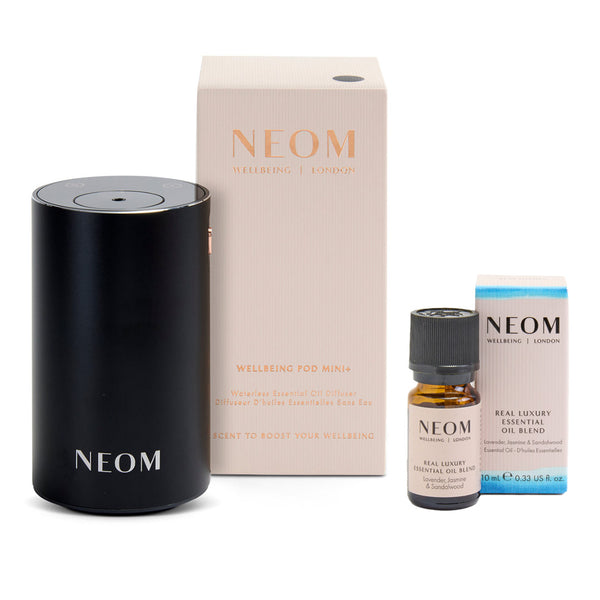 NEOM Wellbeing Pod Mini+ Waterless Essential Oil Diffuser - Black and Real Luxury De-Stress Essential Oil Blend Duo