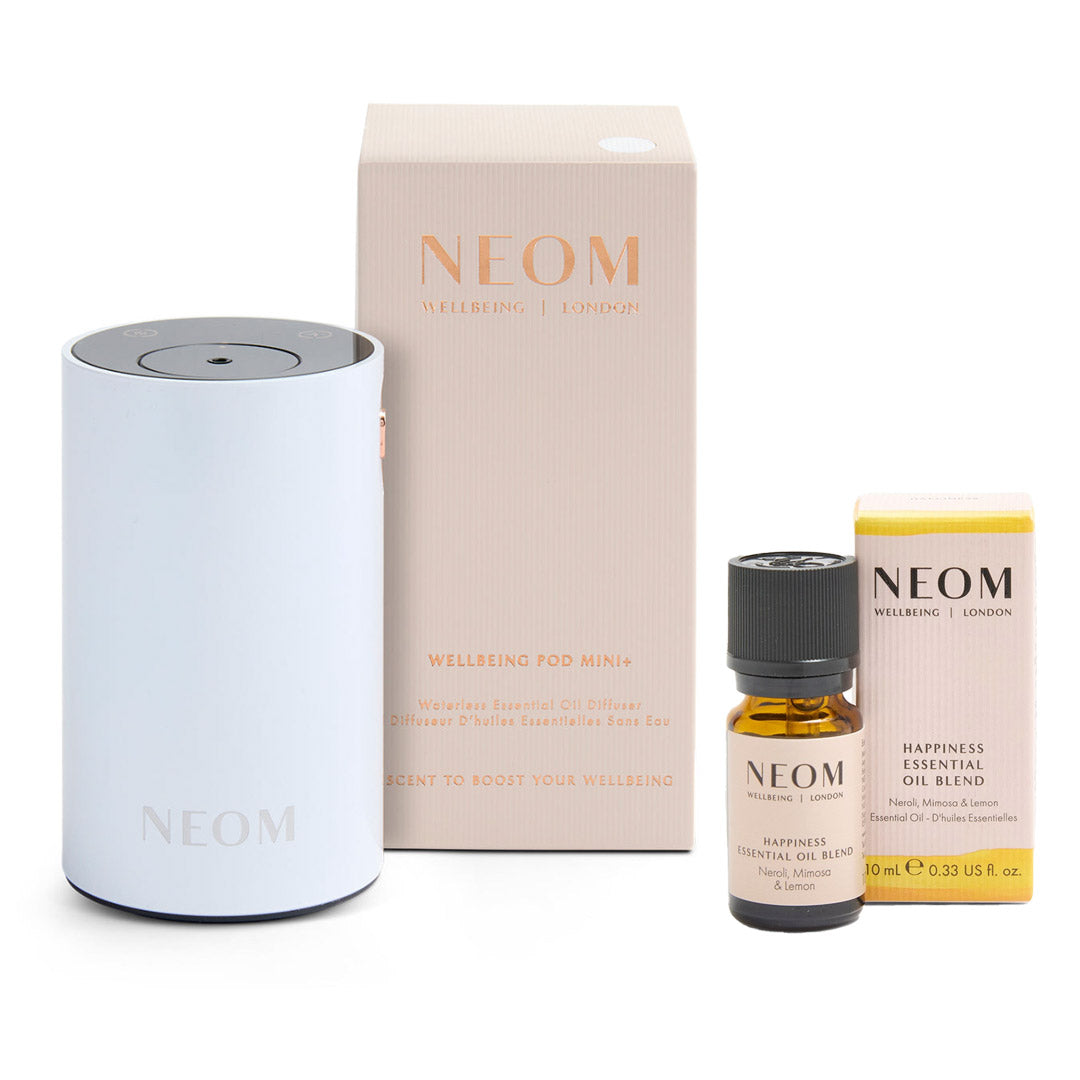 NEOM Wellbeing Pod Mini+ Waterless Essential Oil Diffuser - White and Happiness Essential Oil Blend Duo