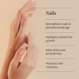 Hands with manicured nails on a beige background with text about nail care benefits.