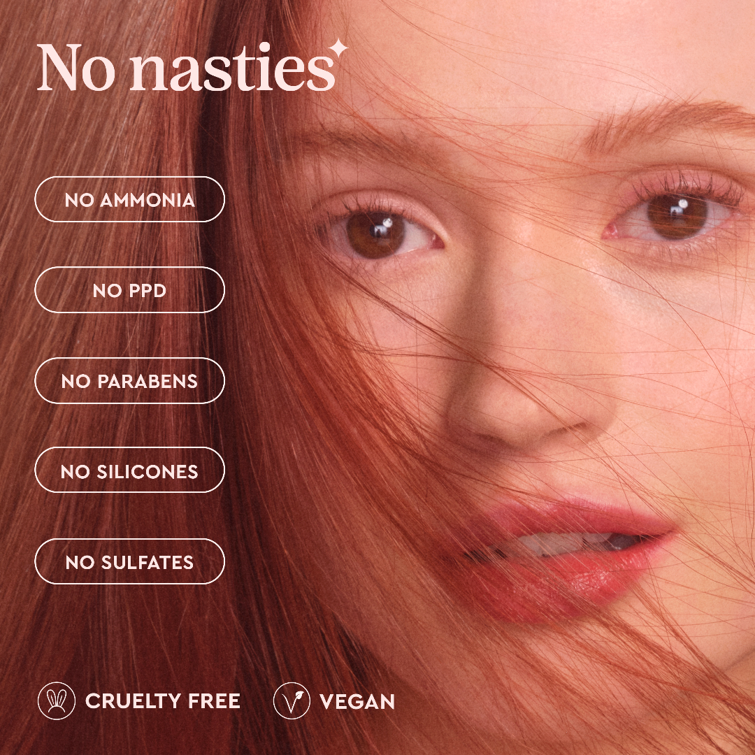 Woman with red hair and a close-up of her face, featuring product benefits text.