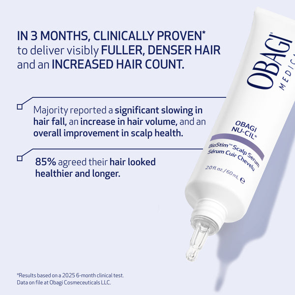 Obagi Medical BioStim Scalp Serum with text on a light blue background
