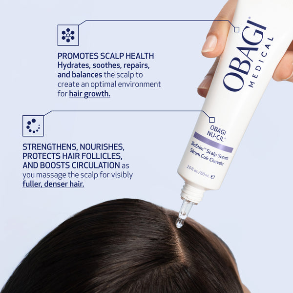 Obagi Medical scalp serum being applied to hair with product details on a light blue background