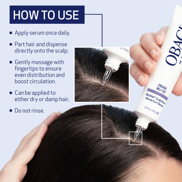 Instructions on how to use a hair serum with OBACIN branding.