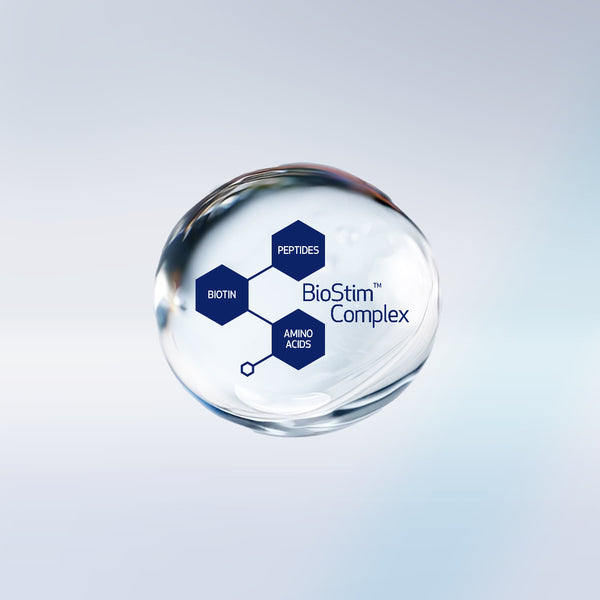Clear glass sphere with 'BioStim Complex' and its components on a light blue background