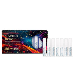 Thisworks Seventh Heaven sleep support kit featuring a colorful box and eight individual white spray vials with blue text, displayed on a clean white background.