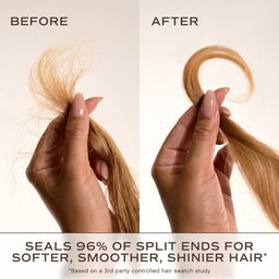 Before-and-after comparison showing a hand holding a section of light brown hair, with frizzy, split ends visible on the left and smoother, healthier hair on the right. Text at the top reads 'BEFORE' and 'AFTER', and text at the bottom says 'SEALS 96% OF SPLIT ENDS FOR SOFTER, SMOOTHER, SHINIER HAIR'.