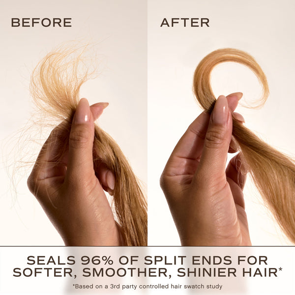 Before-and-after comparison showing a hand holding a section of light brown hair, with frizzy, split ends visible on the left and smoother, healthier hair on the right. Text at the top reads 'BEFORE' and 'AFTER', and text at the bottom says 'SEALS 96% OF SPLIT ENDS FOR SOFTER, SMOOTHER, SHINIER HAIR'.