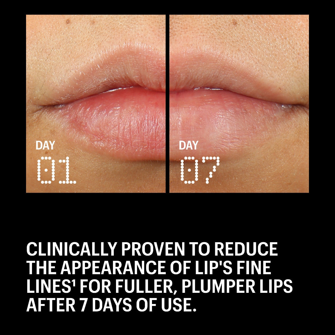 A promotional graphic with a before-and-after lip close-up labeled DAY 01 and DAY 07, above text stating 'Clinically proven to reduce the appearance of lip's fine lines for fuller, plumper lips after 7 days of use.' on a black background.