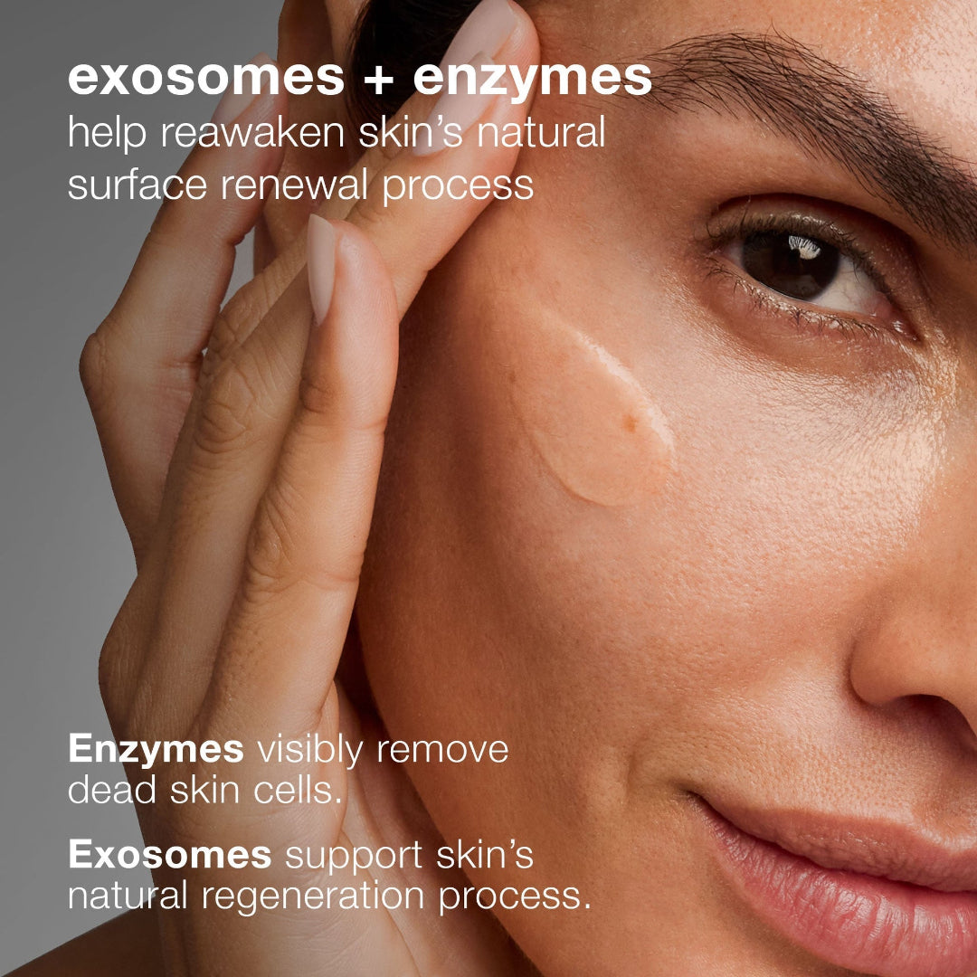 Close-up of a person applying a skincare product to their face with text about exosomes and enzymes.