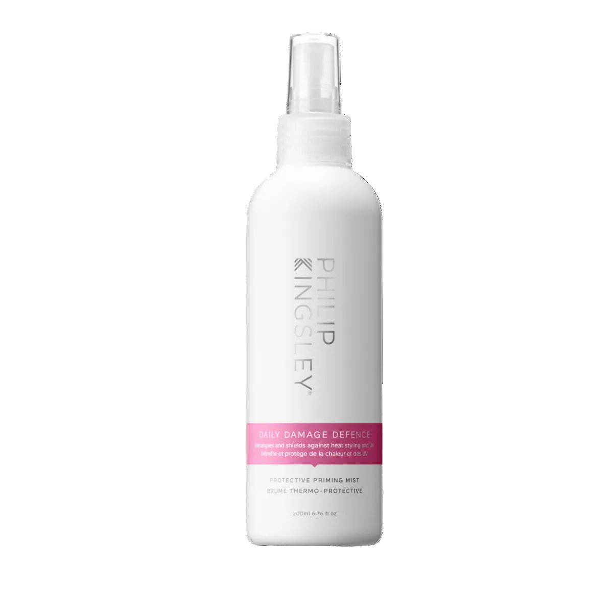 Philip Kingsley Daily Damage Defence Protective Priming Mist in a white spray bottle with a pink label band, shown on a solid white background.