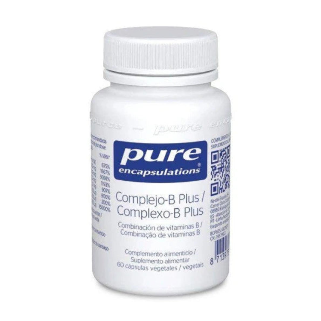A white plastic bottle of Pure Encapsulations Complejo-B Plus / Complexo-B Plus dietary supplement with a white ribbed cap, shown on a plain white background.