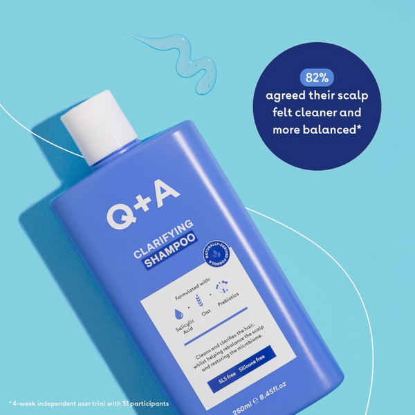 Q+A Clarifying Shampoo bottle on a blue background with text about scalp health.
