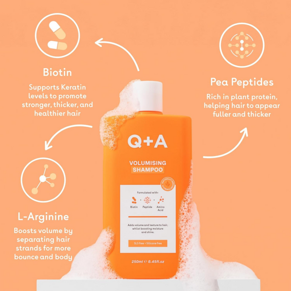 Q+A volumising shampoo bottle with ingredients on an orange background