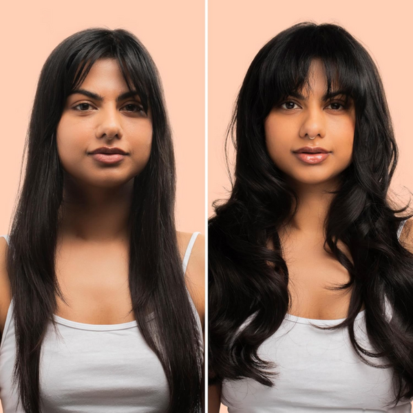 Side-by-side comparison of a woman with straight and wavy hair against a pink background