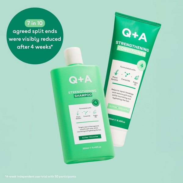 Q+A Strengthening Shampoo and Conditioner on a light green background