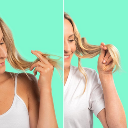 Two women comparing their hair against a teal background