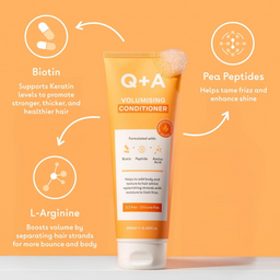 Q+A Volumising Conditioner tube with ingredients highlighted on an orange background