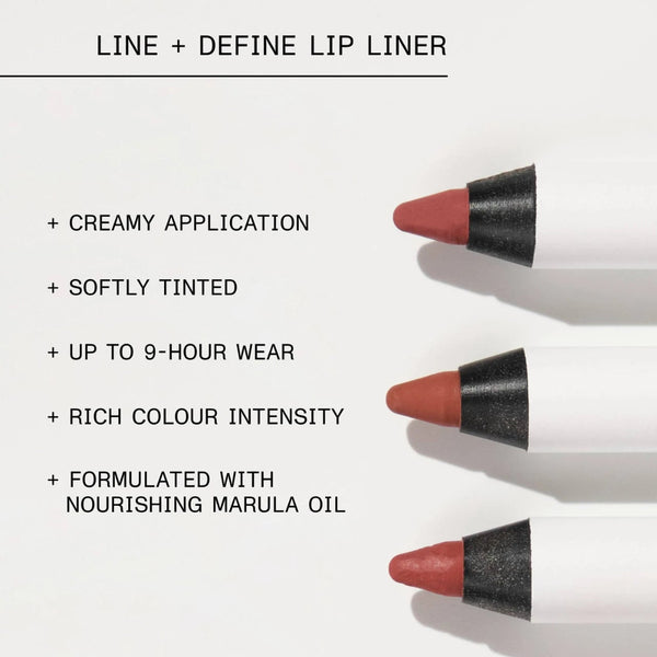 Lip liner product graphic with three angled views of the pencil tips and black text listing benefits: creamy application, softly tinted, up to 9-hour wear, rich colour intensity, and formulated with nourishing marula oil.