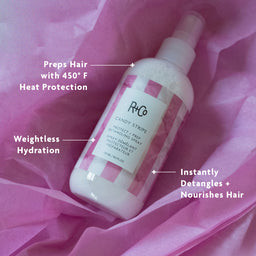 Hair care product bottle with text on a pink fabric background