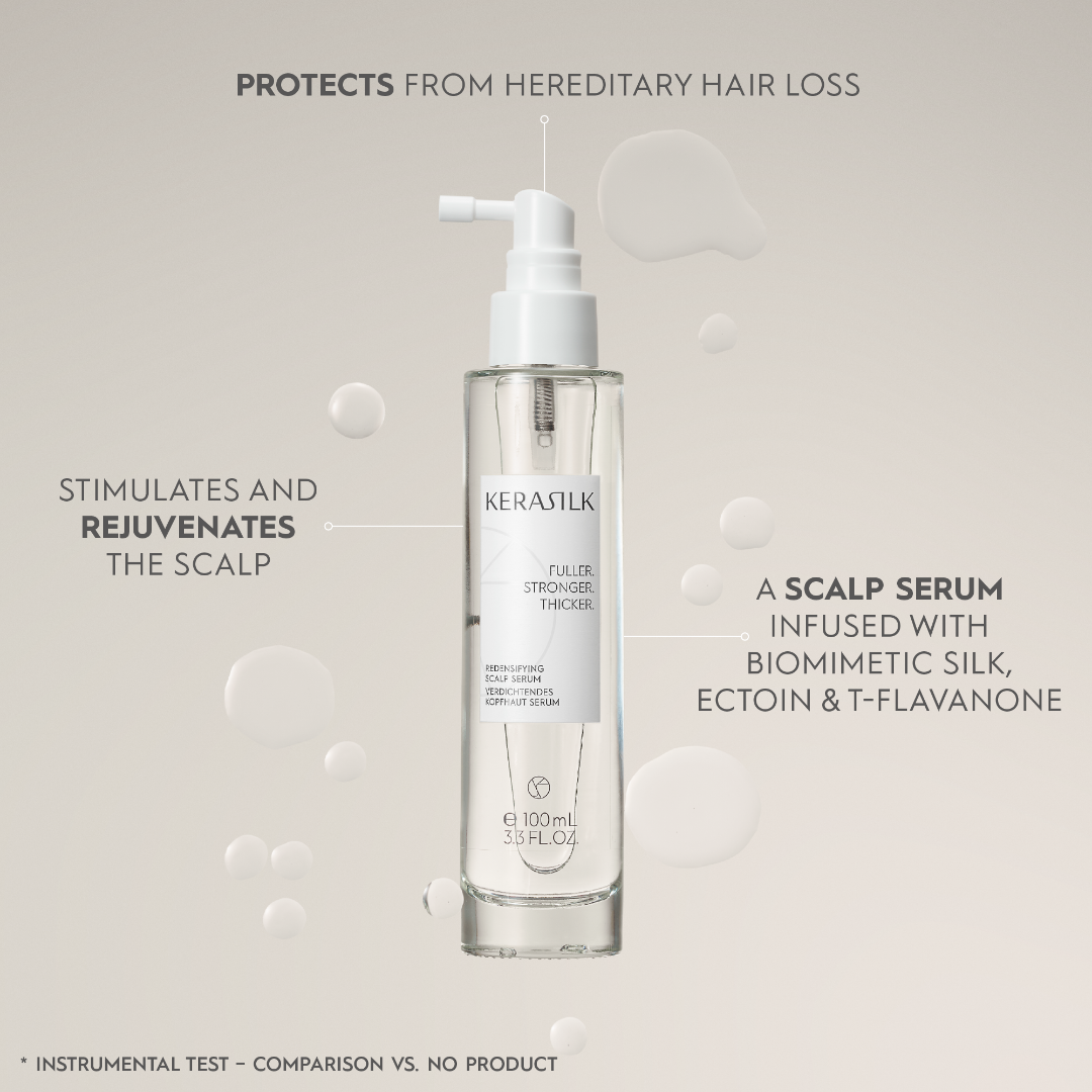 Kerastik scalp serum bottle with text on a light gray background