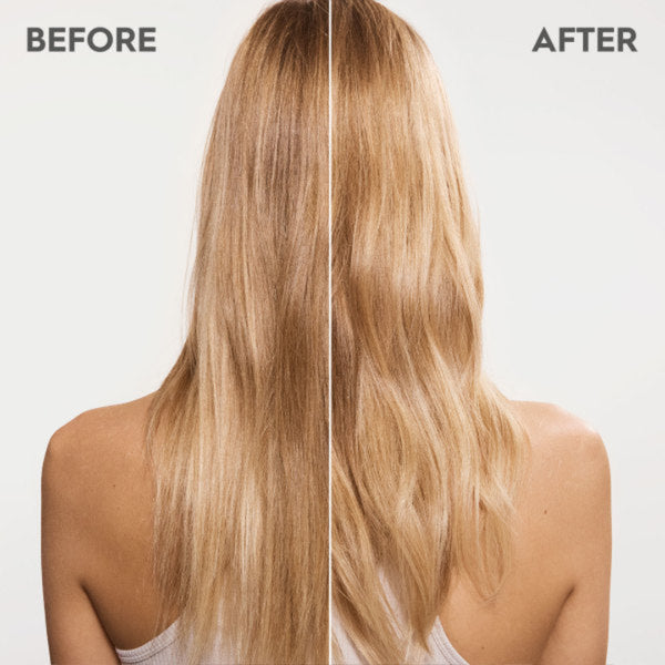 Before and after comparison of blonde hair on a plain background