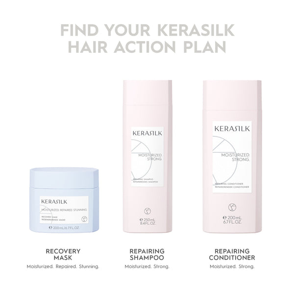 Kerasilk hair care products including shampoo, conditioner, and mask on a white background.