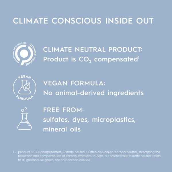 Product label with climate conscious features on a blue background
