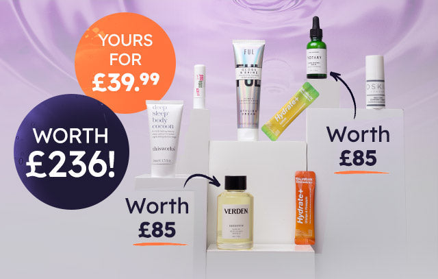 Set of skincare products with value indicators on a purple gradient background