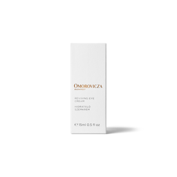 Omorovicza Budapest Reviving Eye Cream in a tall, minimalist white rectangular box with elegant gold and black text, set against a clean white background with a soft shadow.