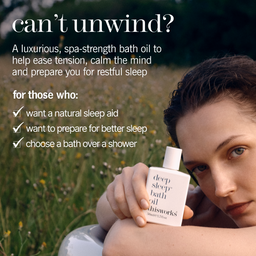 A woman in a grassy outdoor setting holds a white bottle of Deep Sleep Bath Oil by Thisworks. Large white text on the left reads 'can't unwind?' and describes the spa-strength bath oil for relaxation and sleep.