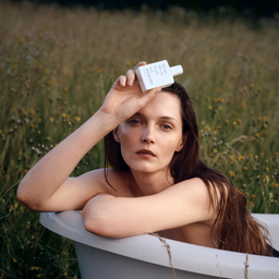A woman with long brown hair sits in a white bathtub outdoors in a field of wildflowers, holding a white bottle labeled 'Bath & Body Works' against her forehead.