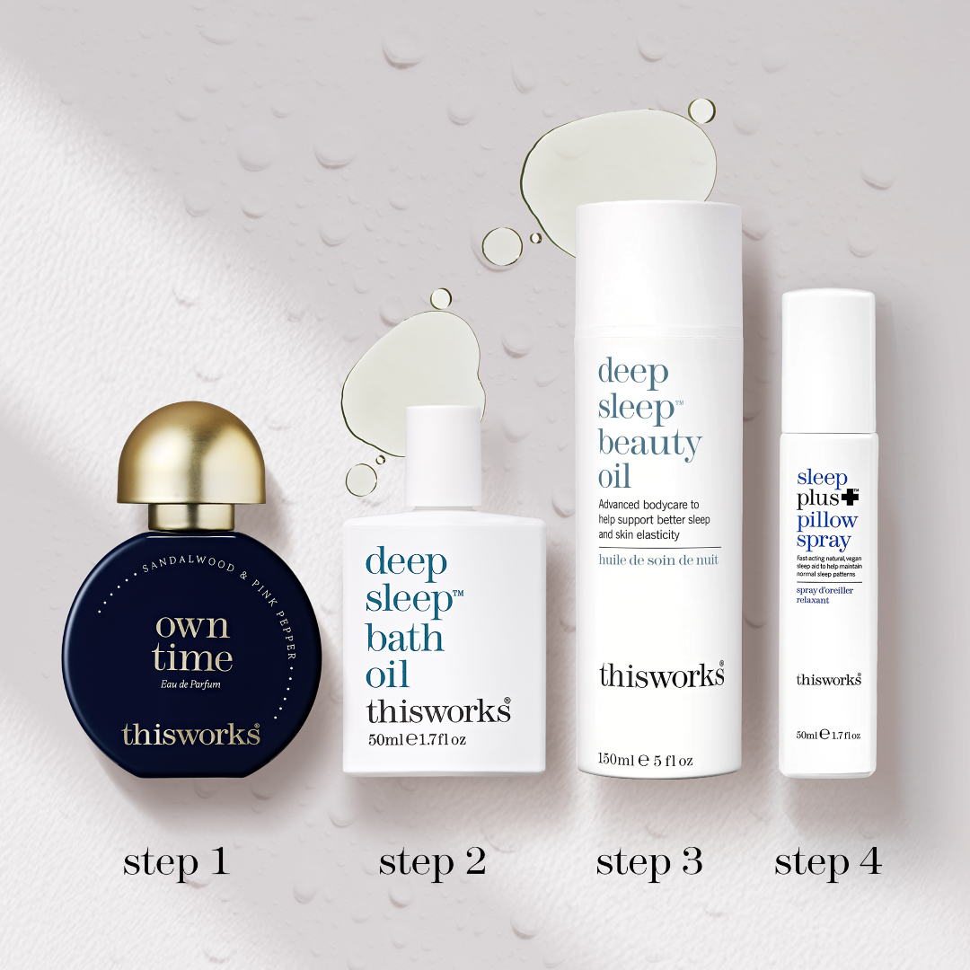 Four skincare products from thisworks are arranged in a row on a light textured background with water droplets and labeled steps 1 through 4. The products include a dark blue perfume bottle with a gold cap ('own time' Eau de Parfum), a white bath oil bottle, a tall white beauty oil tube, and a white pillow spray bottle.
