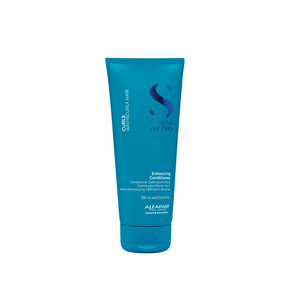 Blue conditioner bottle with brand logo on a white background