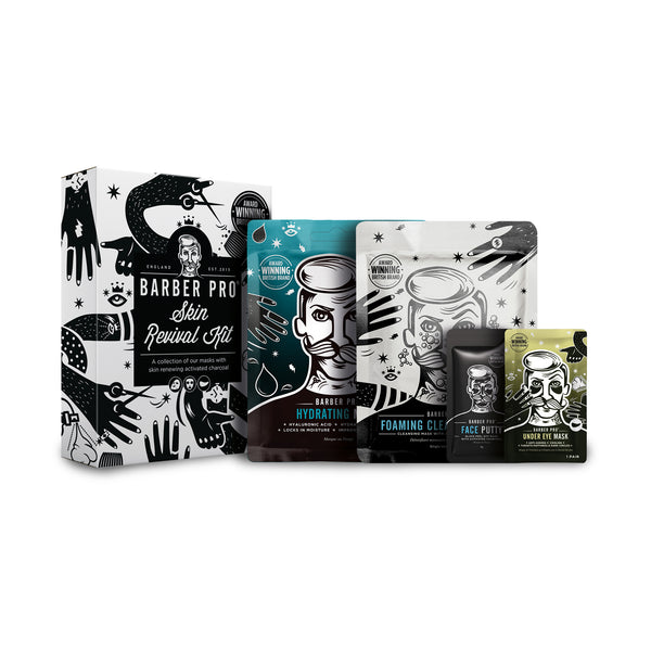 Collection of Barber Pro skincare products on a white background