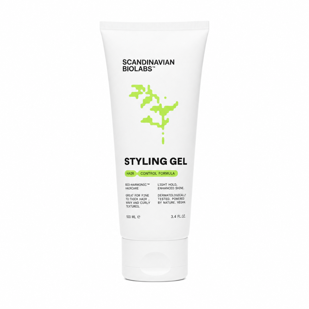 A white squeeze tube of Scandinavian Biolabs Styling Gel with a green abstract leaf graphic and black text, centered on a plain white background.