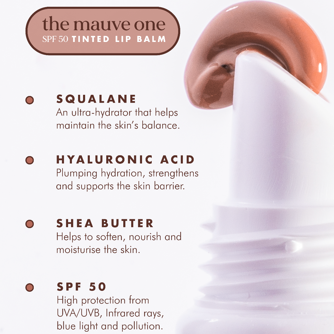 Tinted lip balm with ingredients listed on a white background