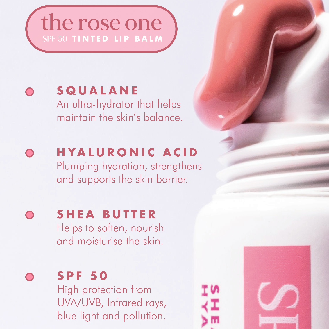 Lip balm with SPF 50, featuring ingredients and benefits on a white background.