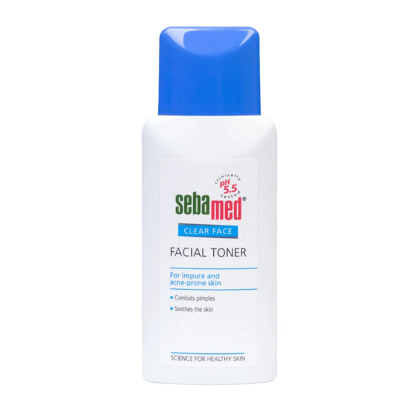 Sebamed facial toner bottle with blue cap on a white background