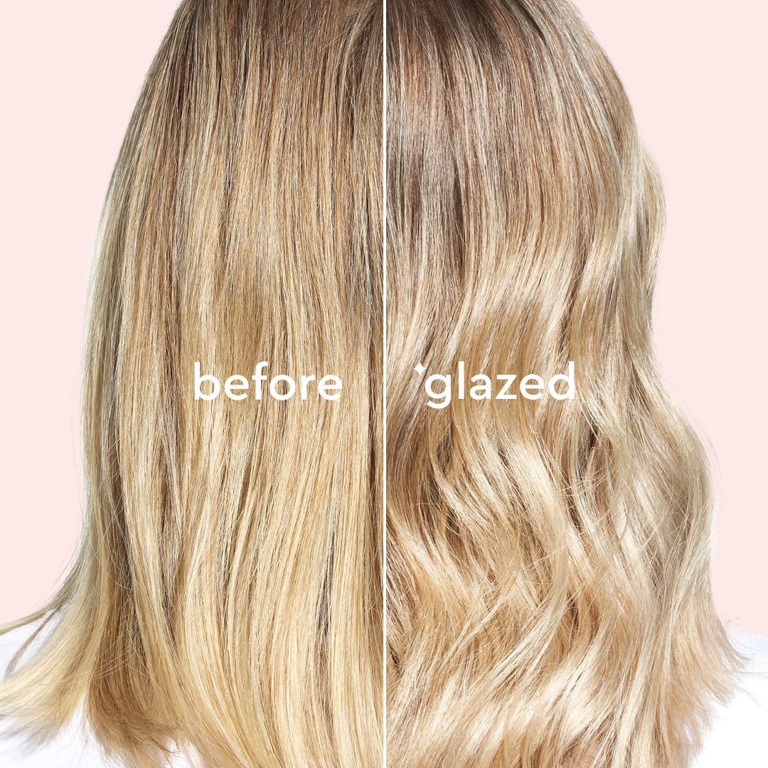Side-by-side comparison of blonde hair labeled 'before' and 'glazed' on a pink background.