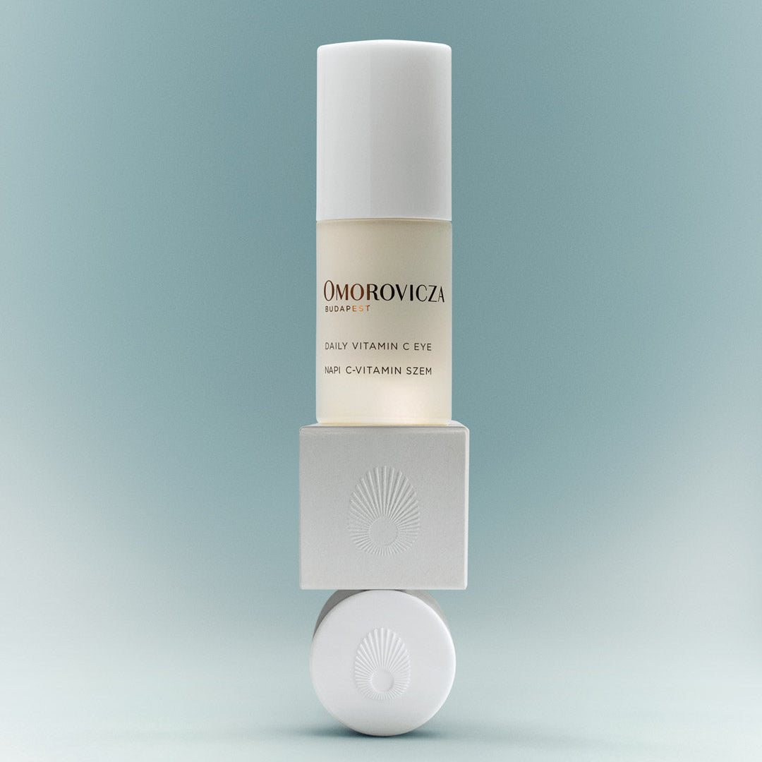 Omorovicza skincare bottle on a light blue background