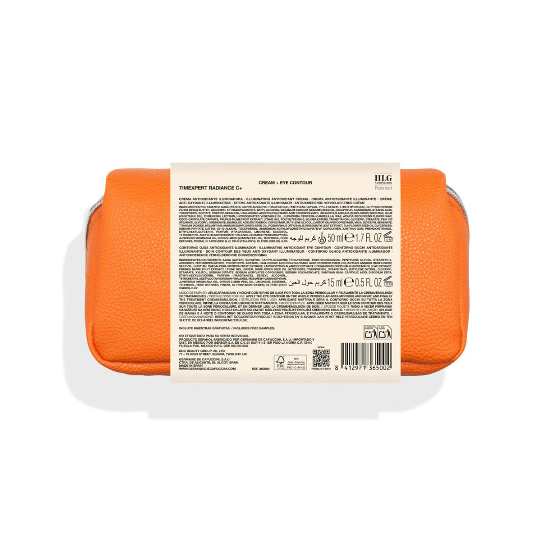 Orange and white cosmetic container with label on a white background